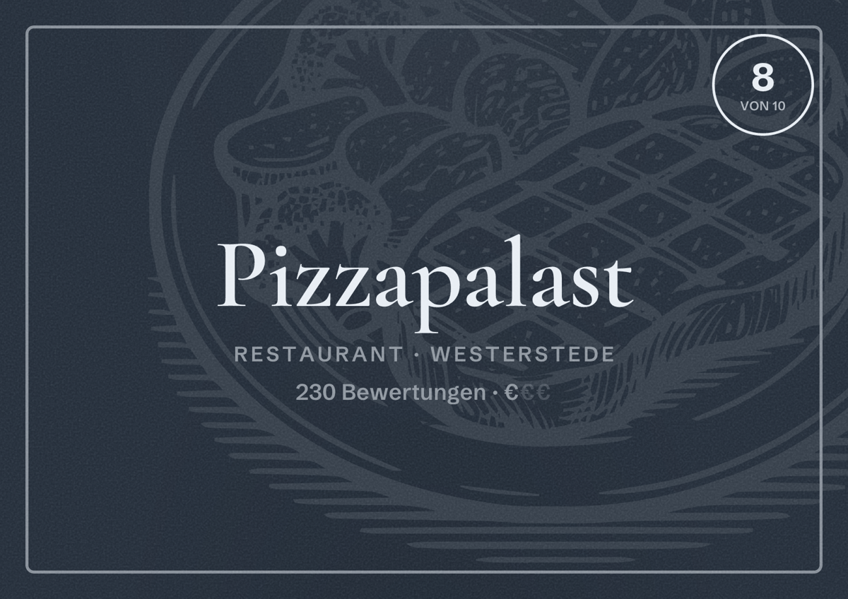 Illustriertes Poster von Pizzapalast, Restaurant in Westerstede: Bewertung 8 von 10 aus 230 Bewertungen, Preisniveau €