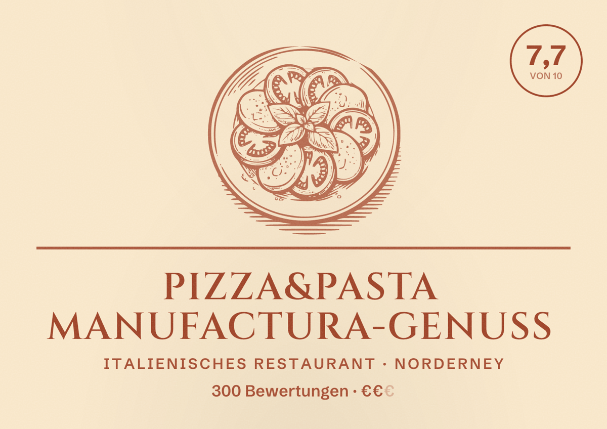 Illustriertes Poster von Pizza&Pasta Manufactura-Genuss, Italienisches Restaurant in Norderney: Bewertung 7,7 von 10 aus 300 Bewertungen, Preisniveau €€
