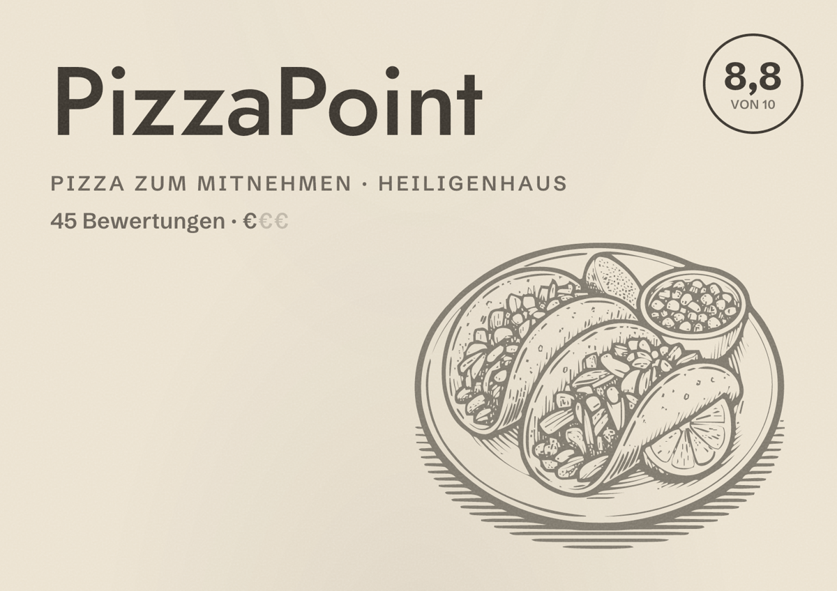 Illustriertes Poster von PizzaPoint, Pizza zum Mitnehmen in Heiligenhaus: Bewertung 8,8 von 10 aus 45 Bewertungen, Preisniveau €