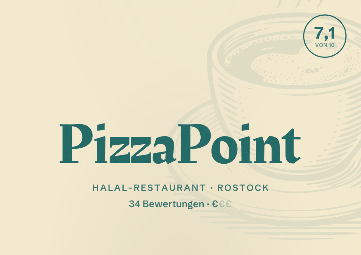 Illustriertes Poster von PizzaPoint, Halal-Restaurant in Rostock: Bewertung 7,1 von 10 aus 34 Bewertungen, Preisniveau €
