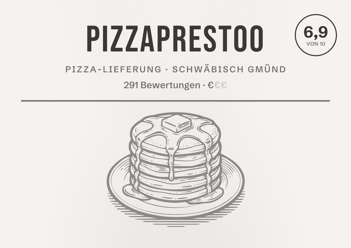 Illustriertes Poster von Pizzaprestoo, Pizza-Lieferung in Schwäbisch Gmünd: Bewertung 6,9 von 10 aus 291 Bewertungen, Preisniveau €