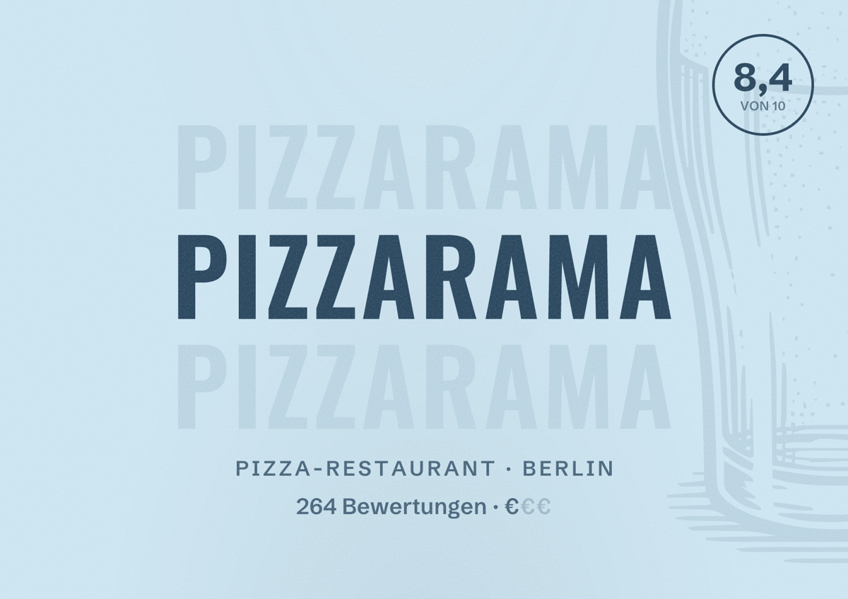 Illustriertes Poster von Pizzarama, Pizza-Restaurant in Berlin: Bewertung 8,4 von 10 aus 264 Bewertungen, Preisniveau €