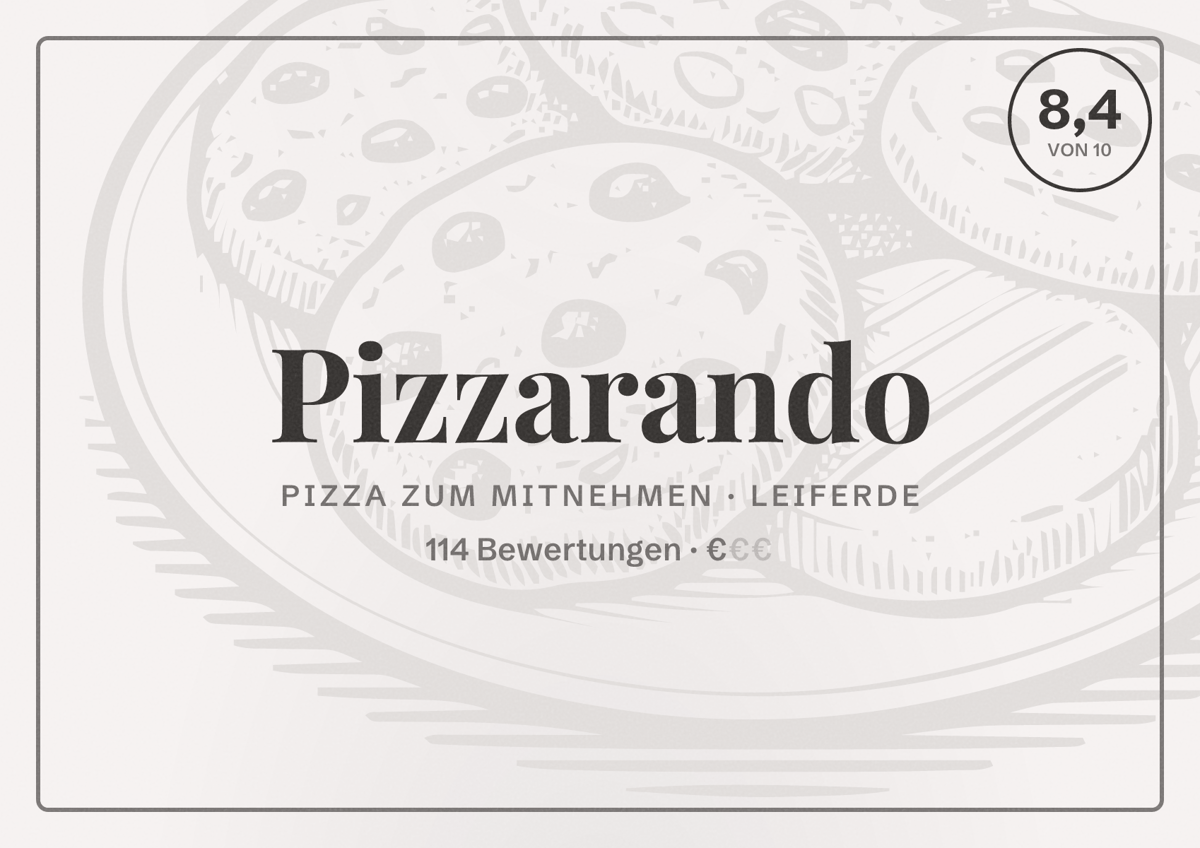 Illustriertes Poster von Pizzarando, Pizza zum Mitnehmen in Leiferde: Bewertung 8,4 von 10 aus 114 Bewertungen, Preisniveau €