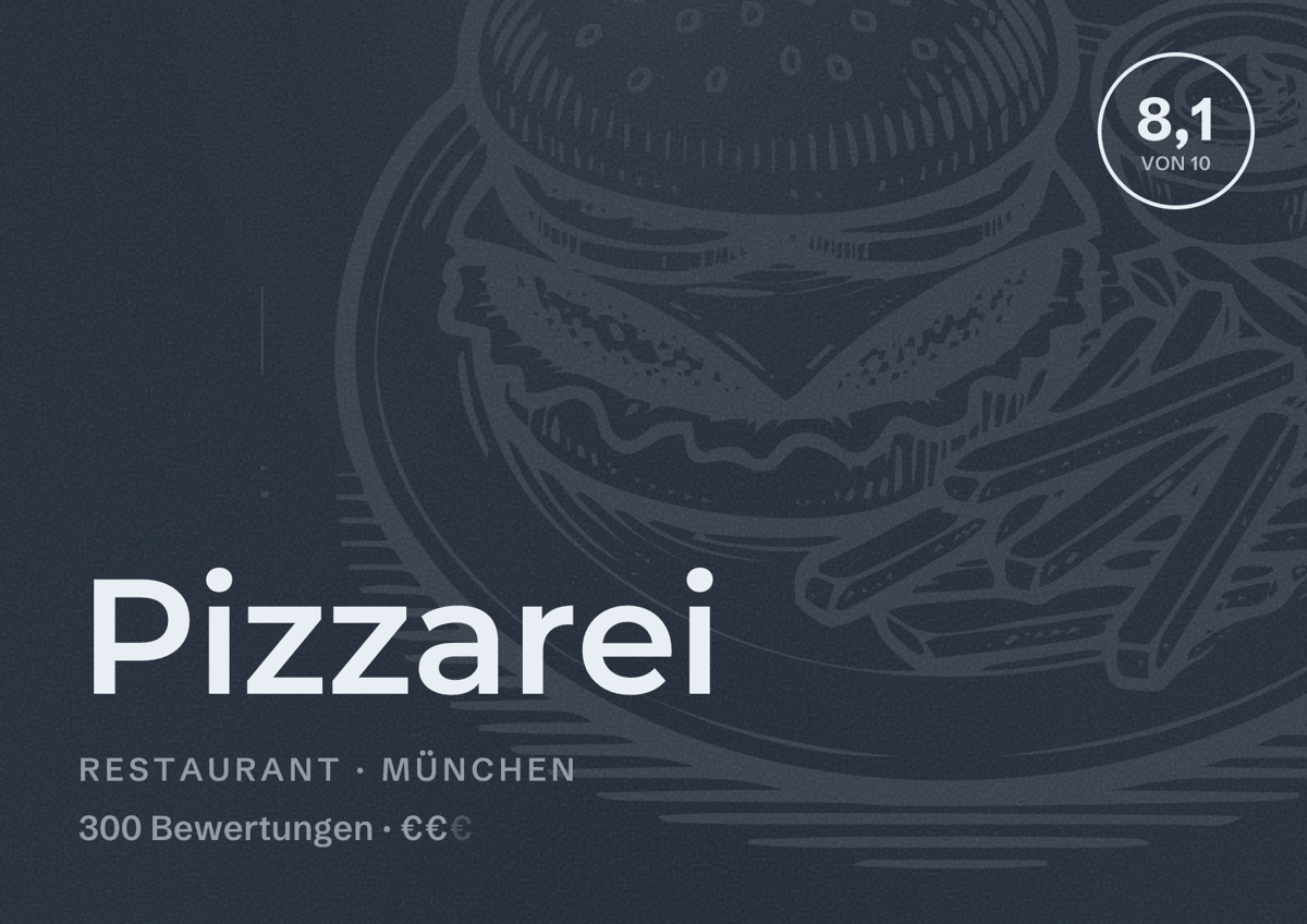 Illustriertes Poster von Pizzarei, Restaurant in München: Bewertung 8,1 von 10 aus 300 Bewertungen, Preisniveau €€