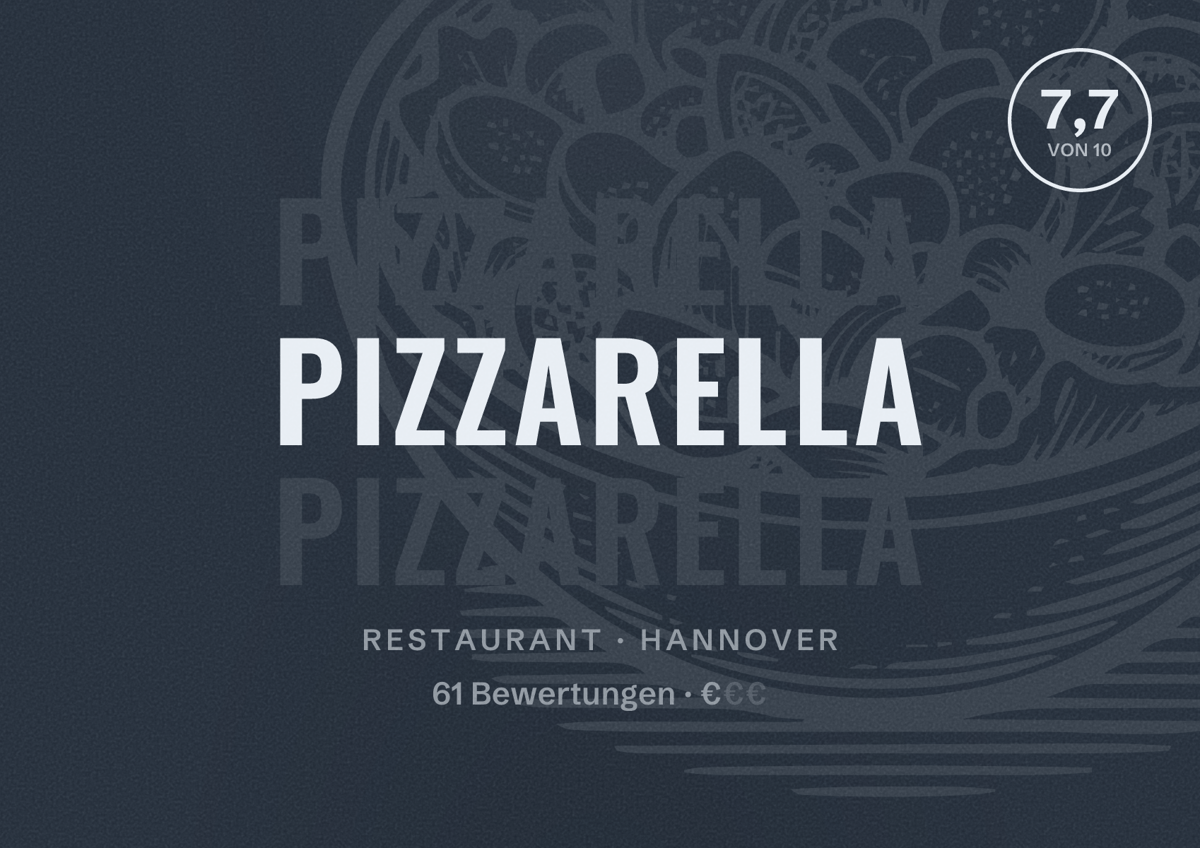 Illustriertes Poster von Pizzarella, Restaurant in Hannover: Bewertung 7,7 von 10 aus 61 Bewertungen, Preisniveau €