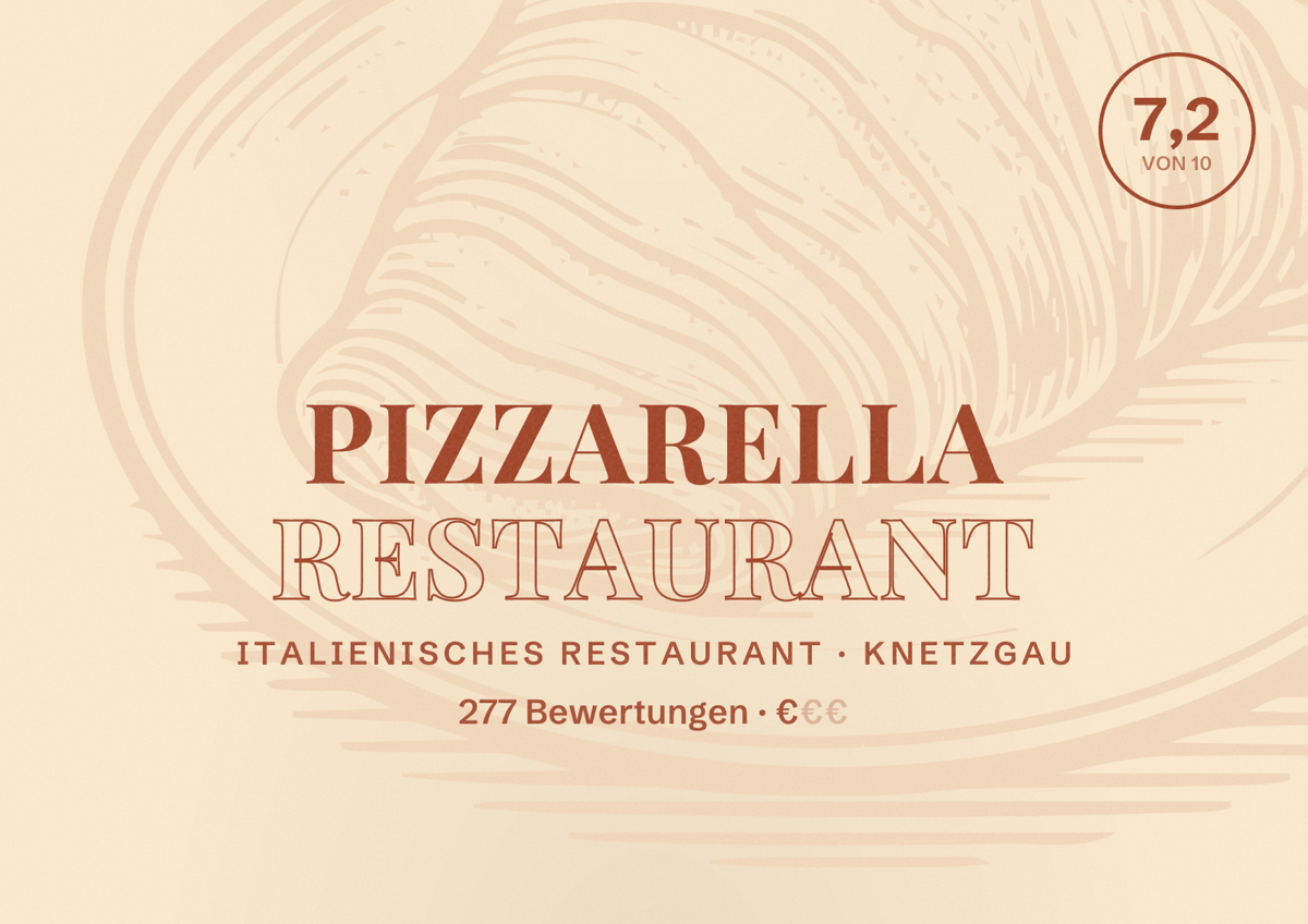 Illustriertes Poster von Pizzarella Restaurant, Italienisches Restaurant in Knetzgau: Bewertung 7,2 von 10 aus 277 Bewertungen, Preisniveau €