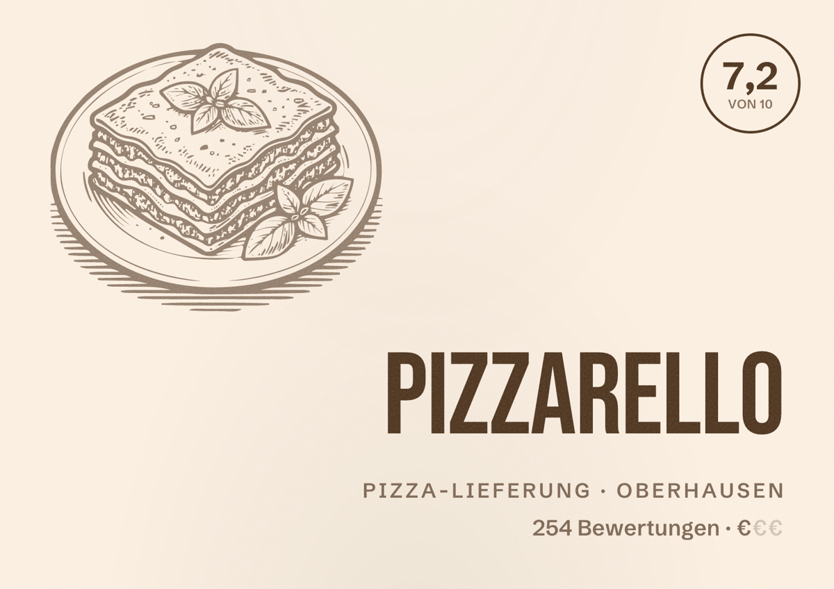 Illustriertes Poster von Pizzarello, Pizza-Lieferung in Oberhausen: Bewertung 7,2 von 10 aus 254 Bewertungen, Preisniveau €