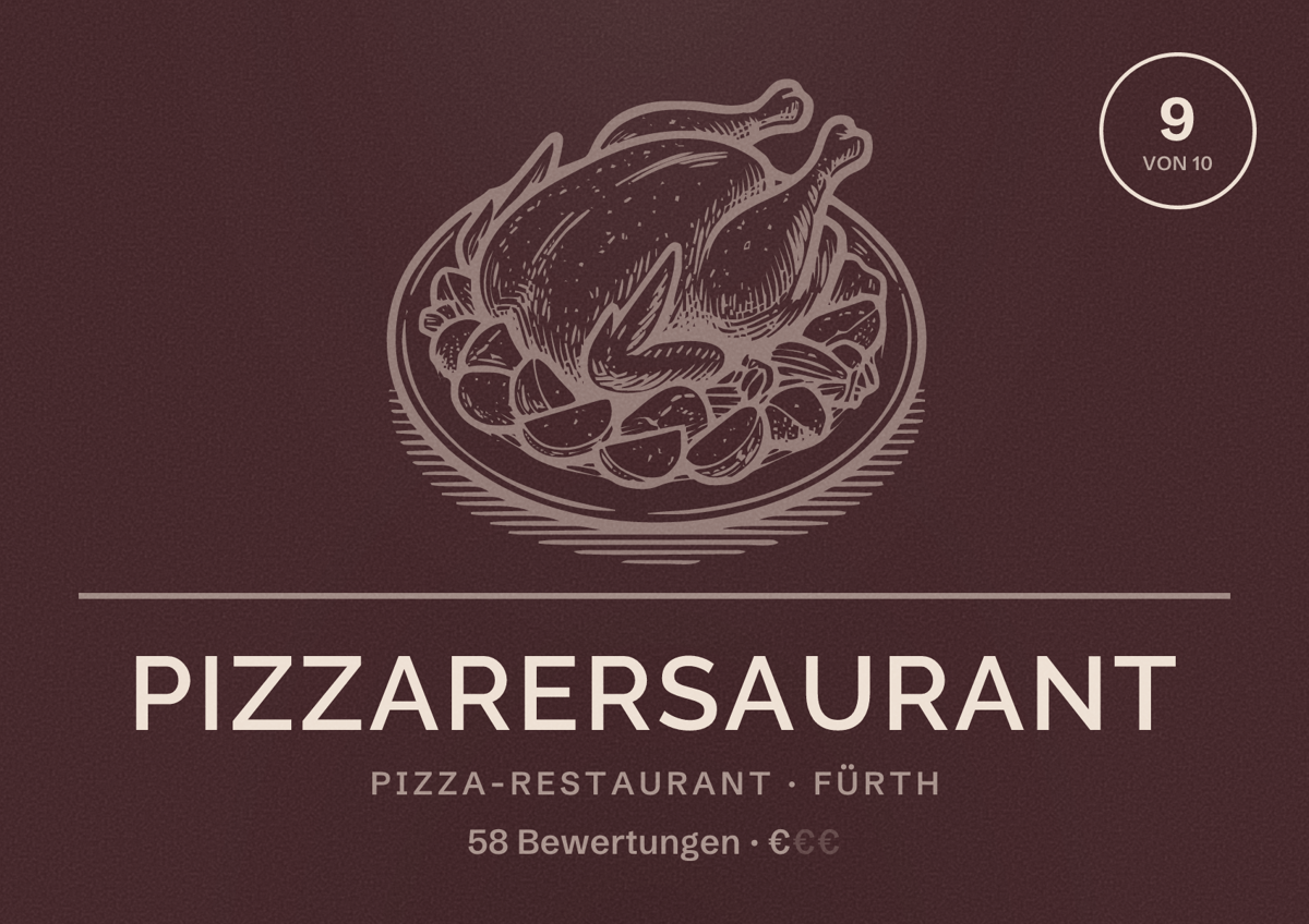 Illustriertes Poster von Pizzarersaurant, Pizza-Restaurant in Fürth: Bewertung 9 von 10 aus 58 Bewertungen, Preisniveau €