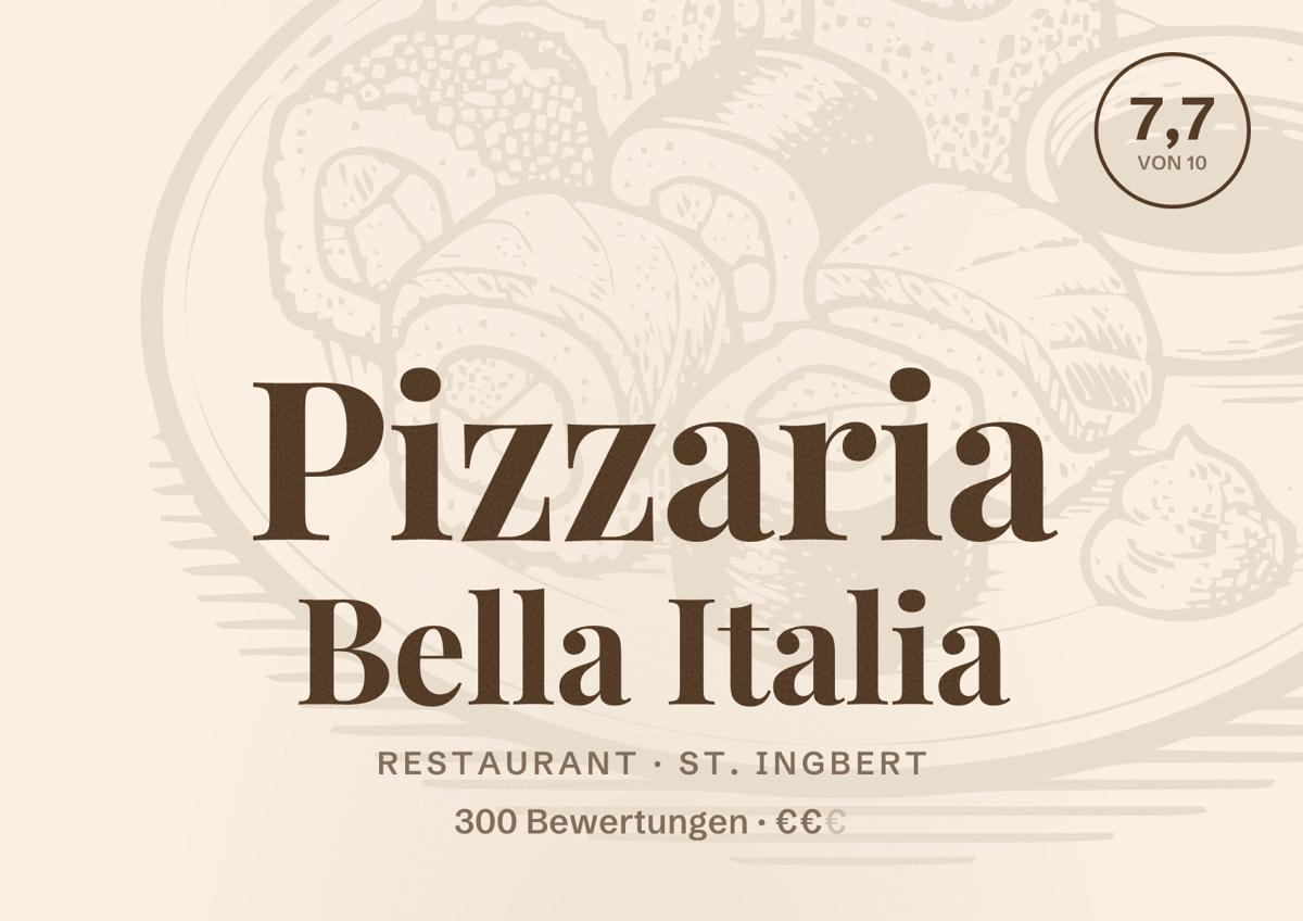 Illustriertes Poster von Pizzaria Bella Italia, Restaurant in St. Ingbert: Bewertung 7,7 von 10 aus 300 Bewertungen, Preisniveau €€