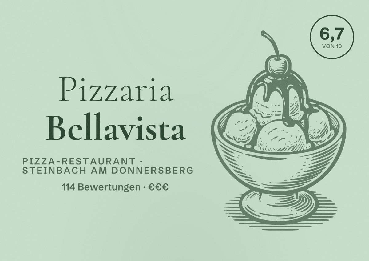Illustriertes Poster von Pizzaria Bellavista, Pizza-Restaurant in Steinbach am Donnersberg: Bewertung 6,7 von 10 aus 114 Bewertungen, Preisniveau €€€