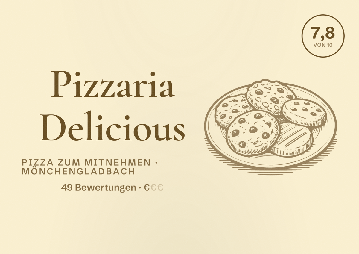 Illustriertes Poster von Pizzaria Delicious, Pizza zum Mitnehmen in Mönchengladbach: Bewertung 7,8 von 10 aus 49 Bewertungen, Preisniveau €