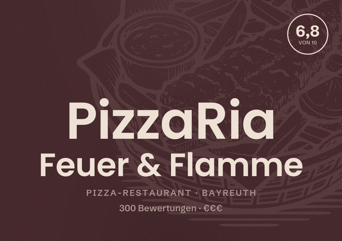 Illustriertes Poster von PizzaRia Feuer & Flamme, Pizza-Restaurant in Bayreuth: Bewertung 6,8 von 10 aus 300 Bewertungen, Preisniveau €€€