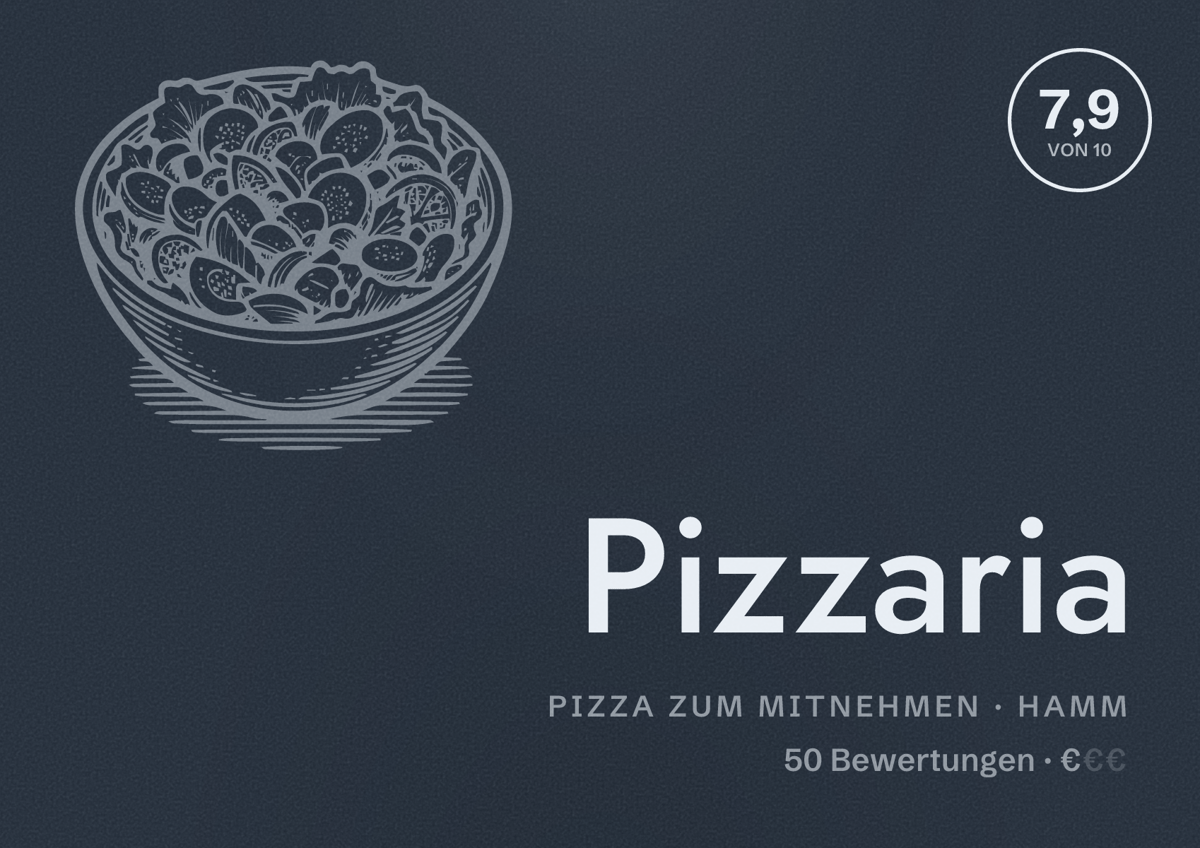 Illustriertes Poster von Pizzaria, Pizza zum Mitnehmen in Hamm: Bewertung 7,9 von 10 aus 50 Bewertungen, Preisniveau €