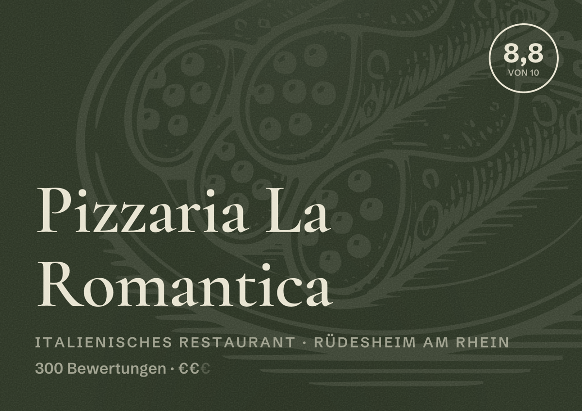 Illustriertes Poster von Pizzaria La Romantica, Italienisches Restaurant in Rüdesheim am Rhein: Bewertung 8,8 von 10 aus 300 Bewertungen, Preisniveau €€
