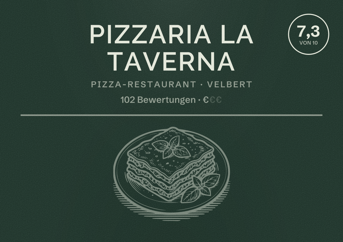 Illustriertes Poster von Pizzaria La Taverna, Pizza-Restaurant in Velbert: Bewertung 7,3 von 10 aus 102 Bewertungen, Preisniveau €