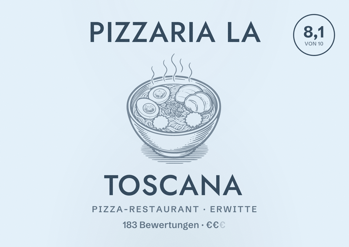 Illustriertes Poster von Pizzaria La Toscana, Pizza-Restaurant in Erwitte: Bewertung 8,1 von 10 aus 183 Bewertungen, Preisniveau €€