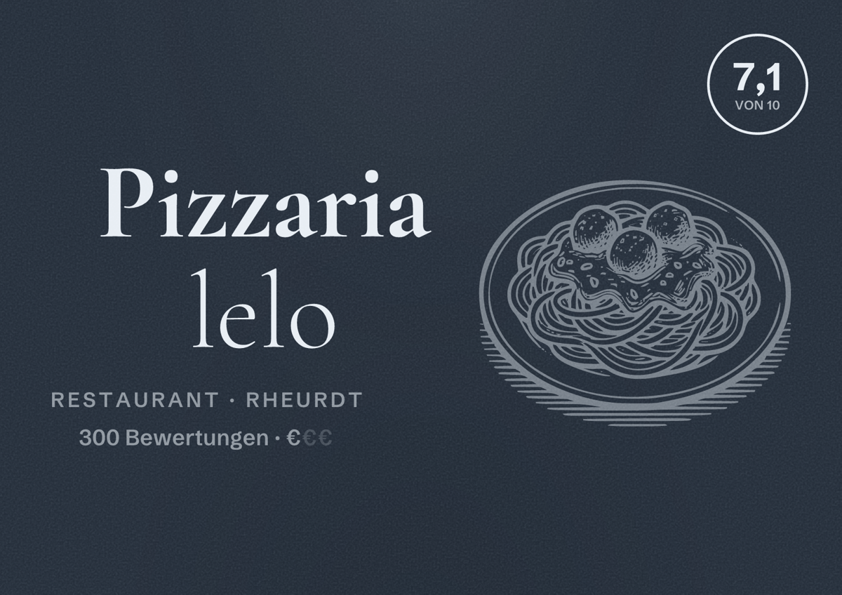 Illustriertes Poster von Pizzaria lelo, Restaurant in Rheurdt: Bewertung 7,1 von 10 aus 300 Bewertungen, Preisniveau €