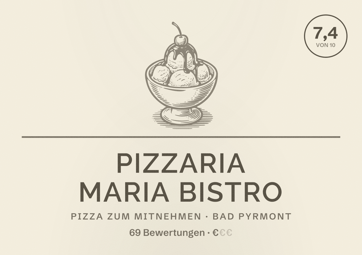 Illustriertes Poster von Pizzaria Maria Bistro, Pizza zum Mitnehmen in Bad Pyrmont: Bewertung 7,4 von 10 aus 69 Bewertungen, Preisniveau €
