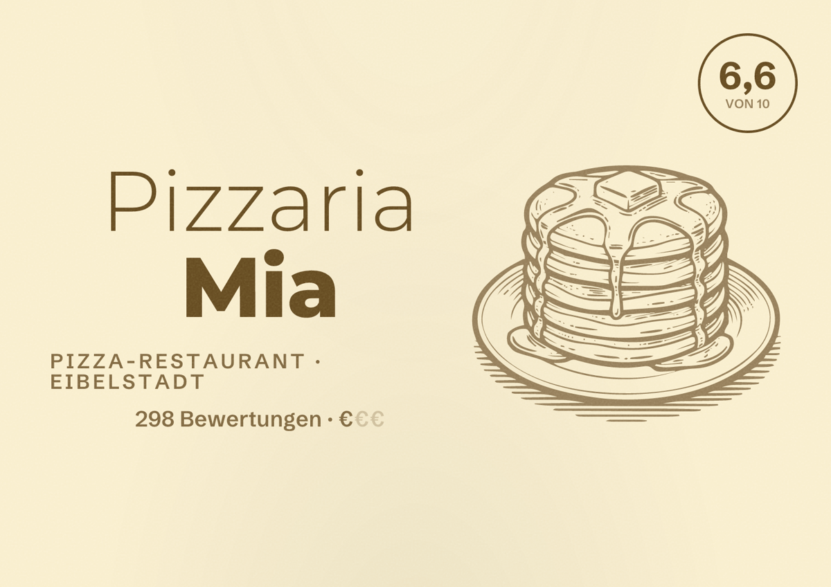 Illustriertes Poster von Pizzaria Mia, Pizza-Restaurant in Eibelstadt: Bewertung 6,6 von 10 aus 298 Bewertungen, Preisniveau €