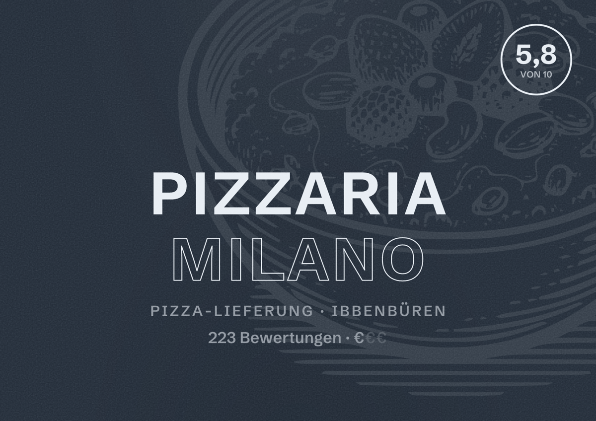 Illustriertes Poster von PIZZARIA MILANO, Pizza-Lieferung in Ibbenbüren: Bewertung 5,8 von 10 aus 223 Bewertungen, Preisniveau €
