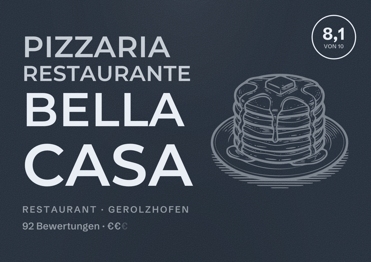 Illustriertes Poster von Pizzaria Restaurante Bella Casa, Restaurant in Gerolzhofen: Bewertung 8,1 von 10 aus 92 Bewertungen, Preisniveau €€