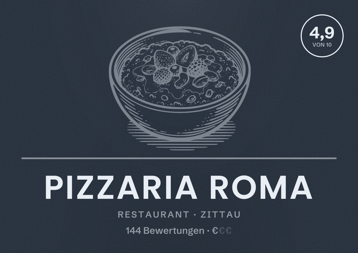 Illustriertes Poster von Pizzaria Roma, Restaurant in Zittau: Bewertung 4,9 von 10 aus 144 Bewertungen, Preisniveau €