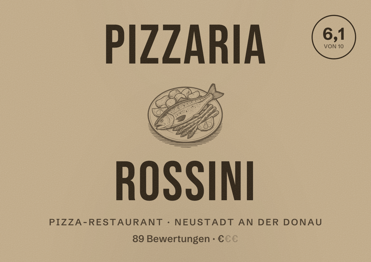 Illustriertes Poster von Pizzaria Rossini, Pizza-Restaurant in Neustadt an der Donau: Bewertung 6,1 von 10 aus 89 Bewertungen, Preisniveau €