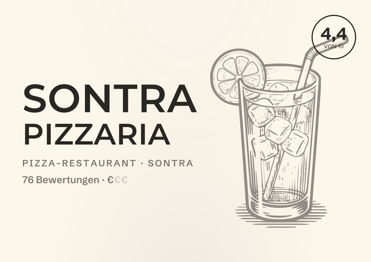 Illustriertes Poster von Sontra Pizzaria, Pizza-Restaurant in Sontra: Bewertung 4,4 von 10 aus 76 Bewertungen, Preisniveau €