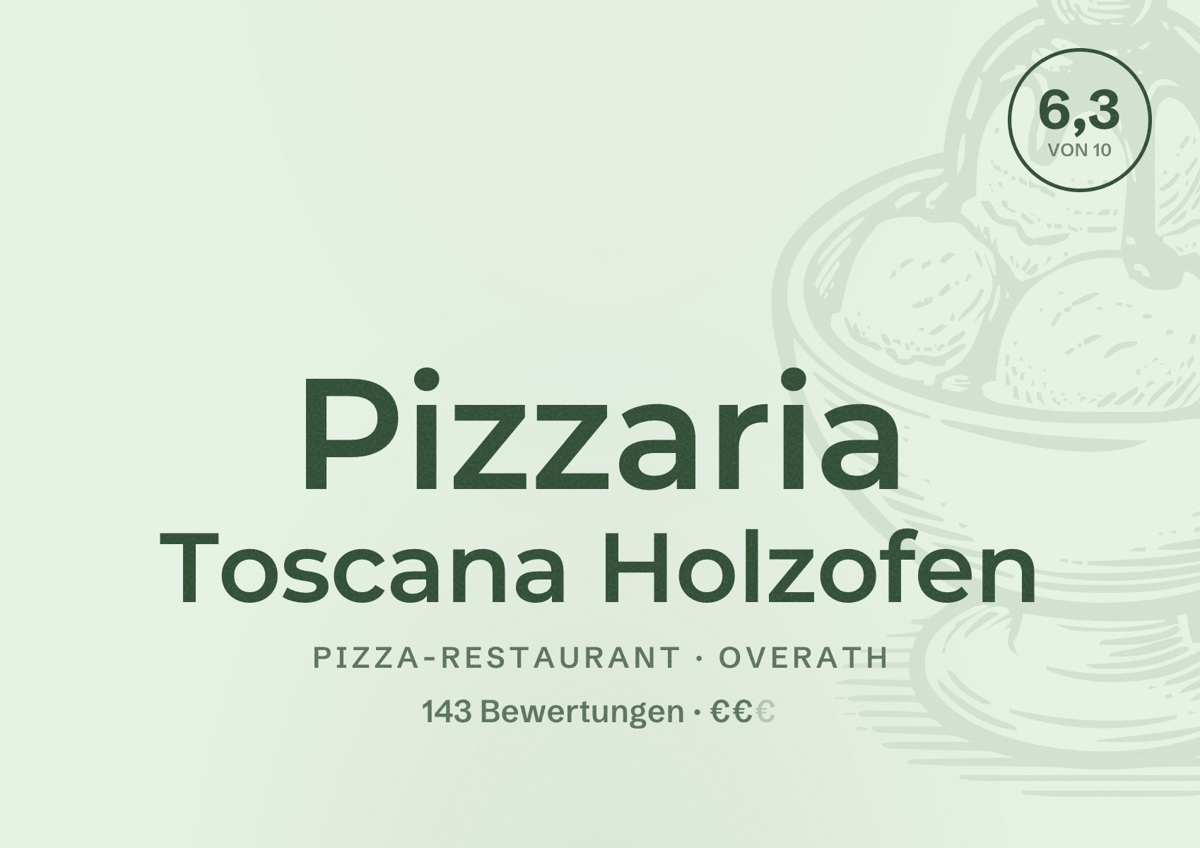 Illustriertes Poster von Pizzaria Toscana Holzofen, Pizza-Restaurant in Overath: Bewertung 6,3 von 10 aus 143 Bewertungen, Preisniveau €€