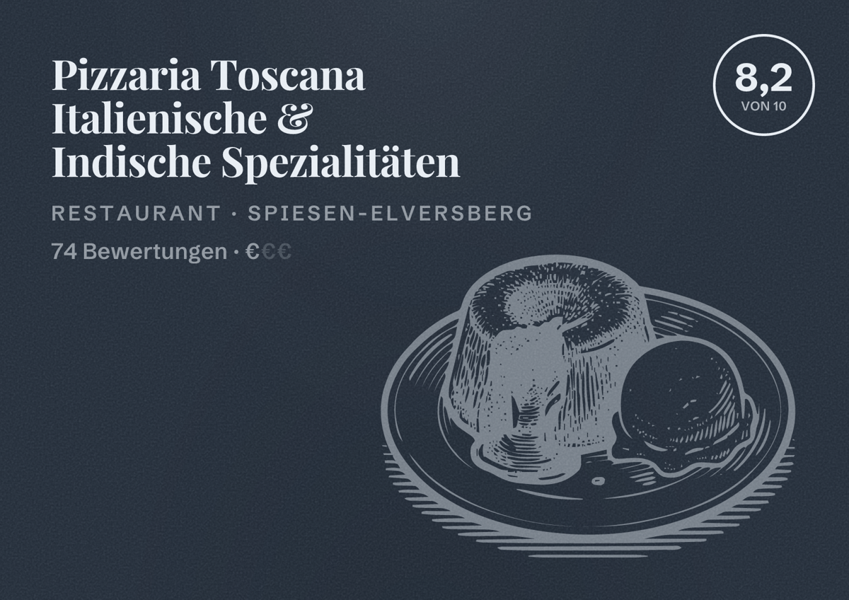 Illustriertes Poster von Pizzaria Toscana Italienische & Indische Spezialitäten, Restaurant in Spiesen-Elversberg: Bewertung 8,2 von 10 aus 74 Bewertungen, Preisniveau €