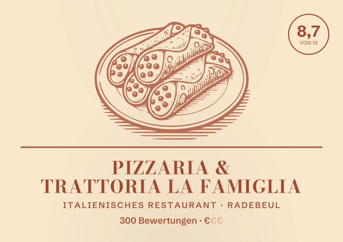 Illustriertes Poster von Pizzaria & Trattoria La Famiglia, Italienisches Restaurant in Radebeul: Bewertung 8,7 von 10 aus 300 Bewertungen, Preisniveau €