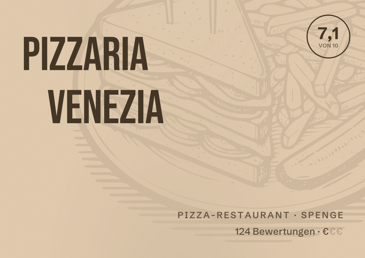 Illustriertes Poster von Pizzaria Venezia, Pizza-Restaurant in Spenge: Bewertung 7,1 von 10 aus 124 Bewertungen, Preisniveau €