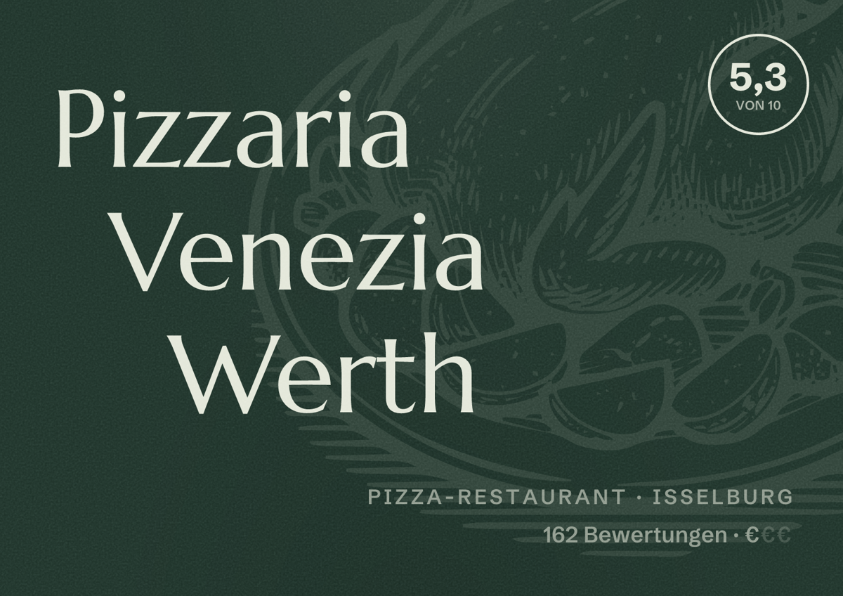 Illustriertes Poster von Pizzaria Venezia Werth, Pizza-Restaurant in Isselburg: Bewertung 5,3 von 10 aus 162 Bewertungen, Preisniveau €