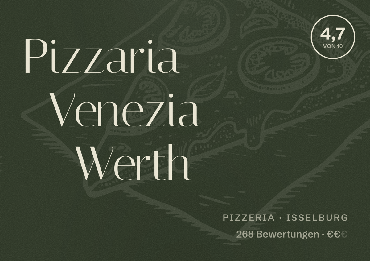 Illustriertes Poster von Pizzaria Venezia Werth, Pizzeria in Isselburg: Bewertung 4,7 von 10 aus 268 Bewertungen, Preisniveau €€