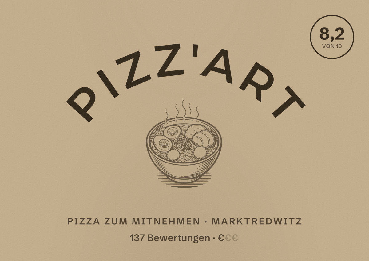 Illustriertes Poster von Pizz'ART, Pizza zum Mitnehmen in Marktredwitz: Bewertung 8,2 von 10 aus 137 Bewertungen, Preisniveau €