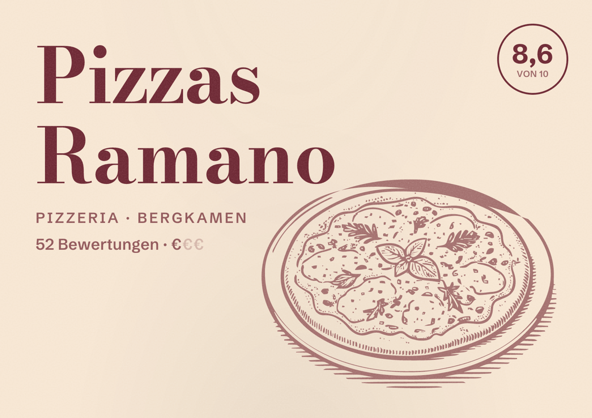 Illustriertes Poster von Pizzas Ramano, Pizzeria in Bergkamen: Bewertung 8,6 von 10 aus 52 Bewertungen, Preisniveau €