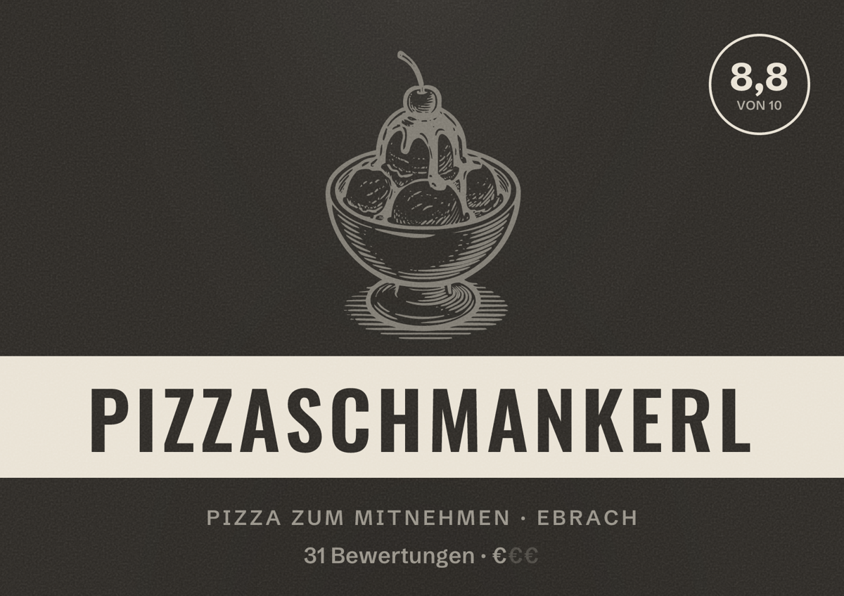 Illustriertes Poster von Pizzaschmankerl, Pizza zum Mitnehmen in Ebrach: Bewertung 8,8 von 10 aus 31 Bewertungen, Preisniveau €