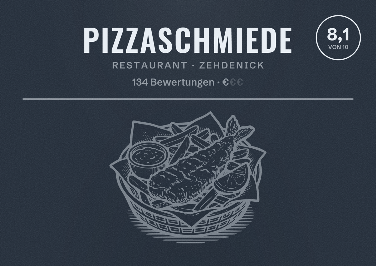Illustriertes Poster von Pizzaschmiede, Restaurant in Zehdenick: Bewertung 8,1 von 10 aus 134 Bewertungen, Preisniveau €