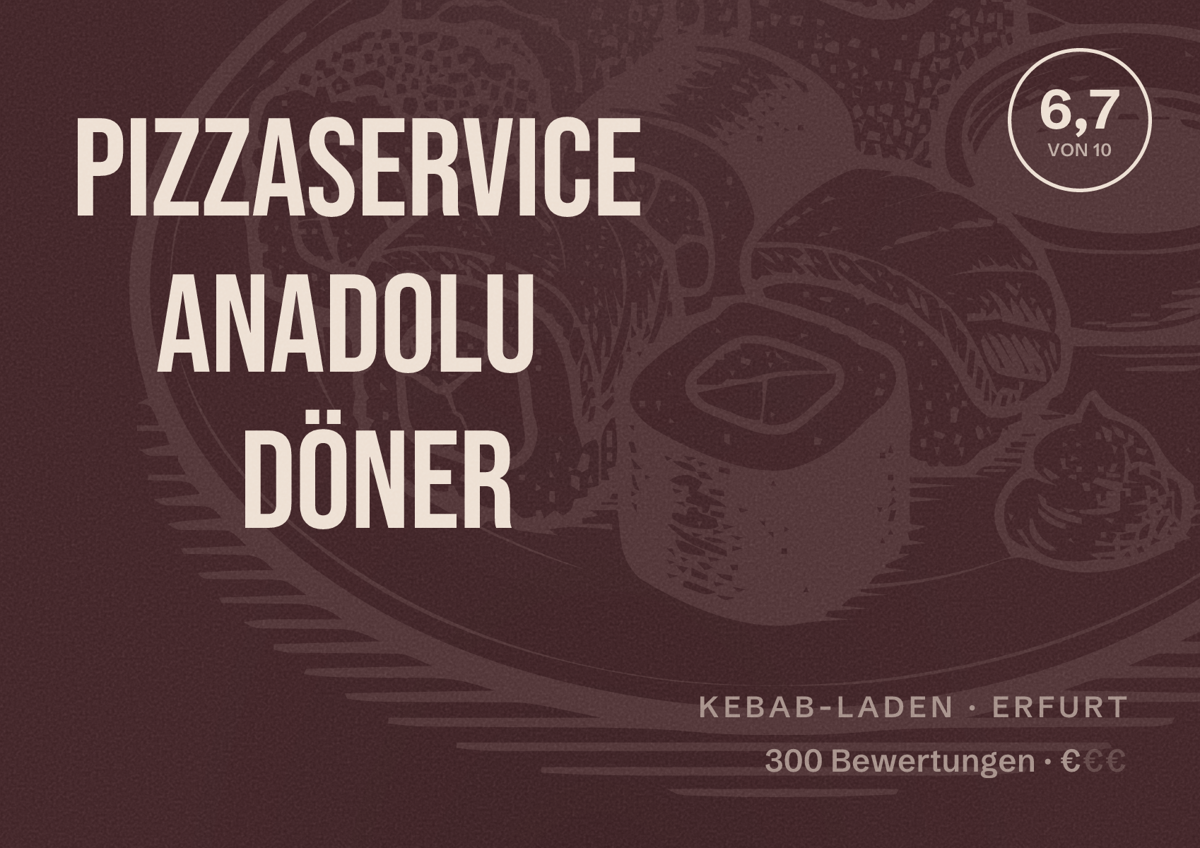 Illustriertes Poster von Pizzaservice Anadolu Döner, Kebab-Laden in Erfurt: Bewertung 6,7 von 10 aus 300 Bewertungen, Preisniveau €