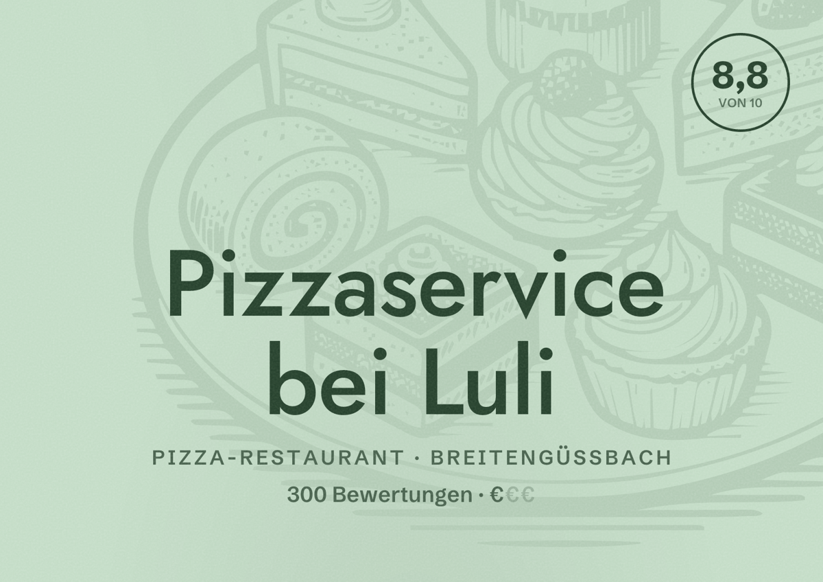 Illustriertes Poster von Pizzaservice bei Luli, Pizza-Restaurant in Breitengüßbach: Bewertung 8,8 von 10 aus 300 Bewertungen, Preisniveau €