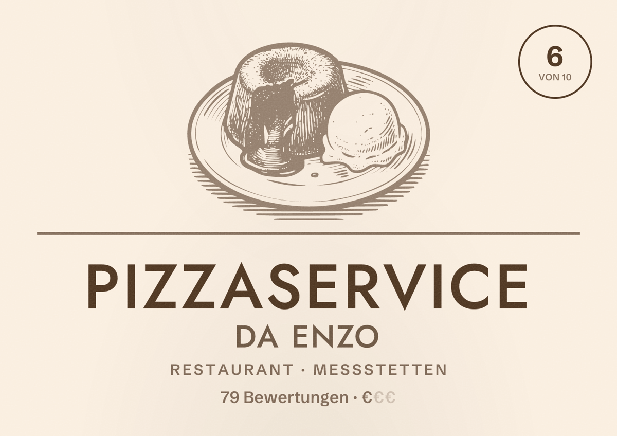 Illustriertes Poster von Pizzaservice Da Enzo, Restaurant in Meßstetten: Bewertung 6 von 10 aus 79 Bewertungen, Preisniveau €