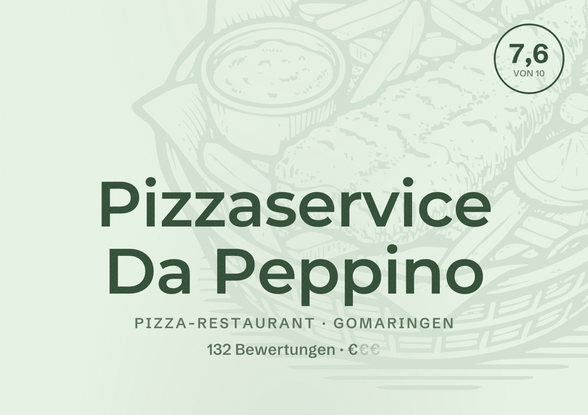 Illustriertes Poster von Pizzaservice Da Peppino, Pizza-Restaurant in Gomaringen: Bewertung 7,6 von 10 aus 132 Bewertungen, Preisniveau €