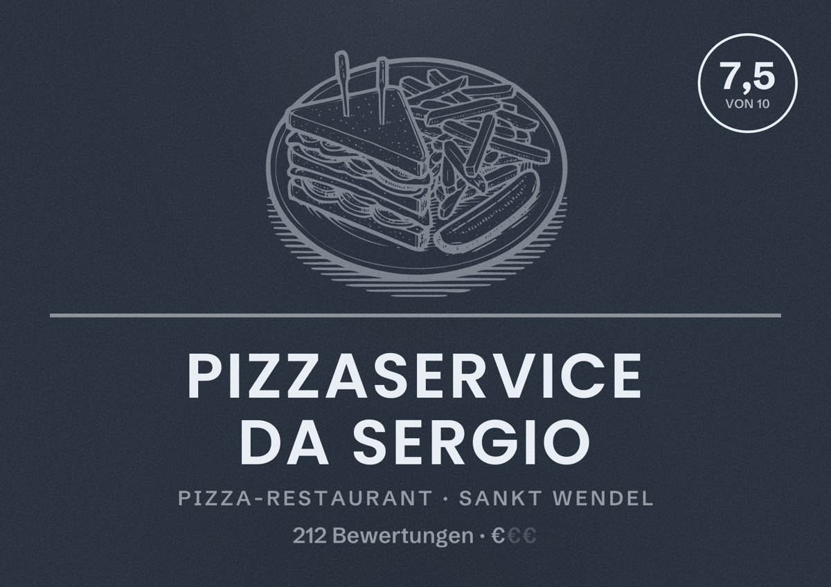 Illustriertes Poster von Pizzaservice da Sergio, Pizza-Restaurant in Sankt Wendel: Bewertung 7,5 von 10 aus 212 Bewertungen, Preisniveau €