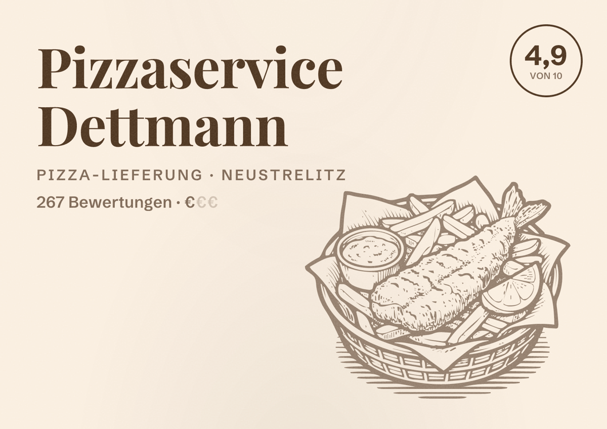 Illustriertes Poster von Pizzaservice Dettmann, Pizza-Lieferung in Neustrelitz: Bewertung 4,9 von 10 aus 267 Bewertungen, Preisniveau €