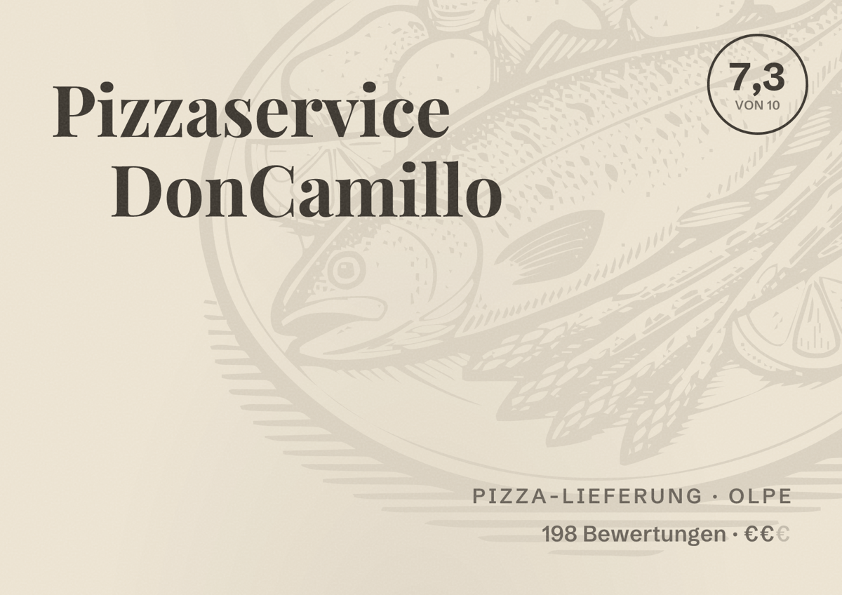 Illustriertes Poster von Pizzaservice DonCamillo, Pizza-Lieferung in Olpe: Bewertung 7,3 von 10 aus 198 Bewertungen, Preisniveau €€