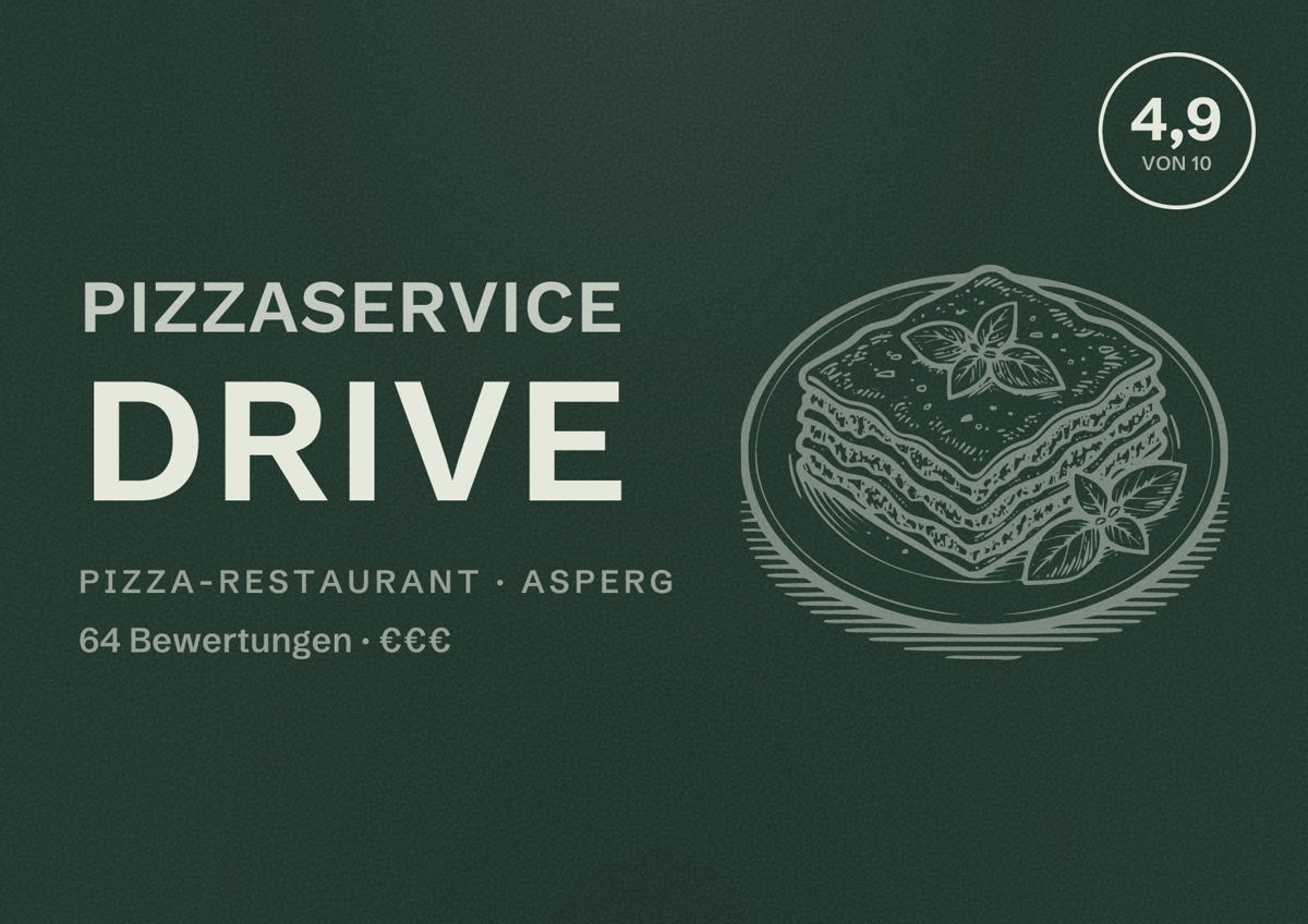 Illustriertes Poster von Pizzaservice Drive, Pizza-Restaurant in Asperg: Bewertung 4,9 von 10 aus 64 Bewertungen, Preisniveau €€€