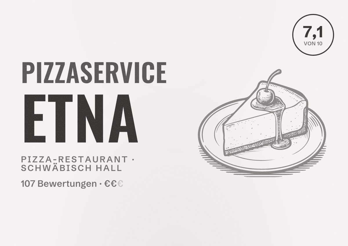 Illustriertes Poster von Pizzaservice Etna, Pizza-Restaurant in Schwäbisch Hall: Bewertung 7,1 von 10 aus 107 Bewertungen, Preisniveau €€