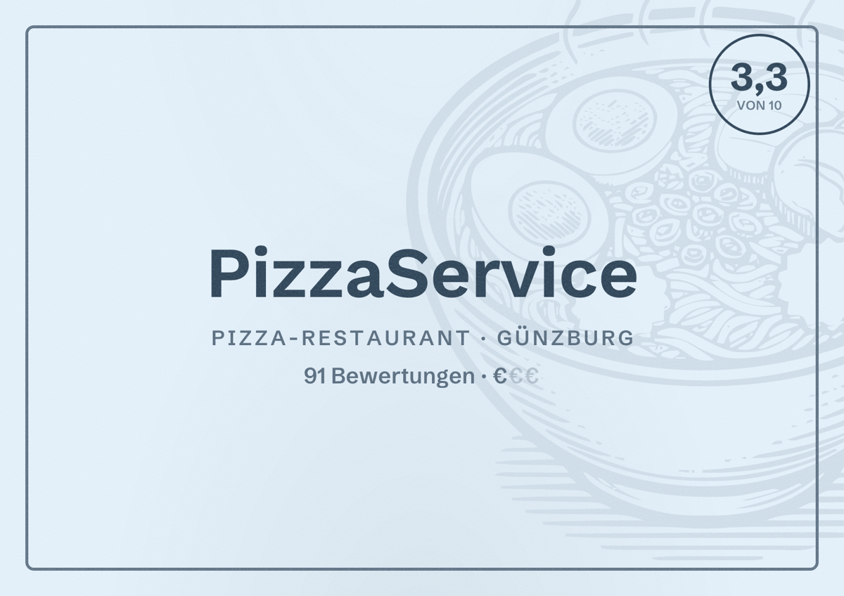 Illustriertes Poster von PizzaService, Pizza-Restaurant in Günzburg: Bewertung 3,3 von 10 aus 91 Bewertungen, Preisniveau €
