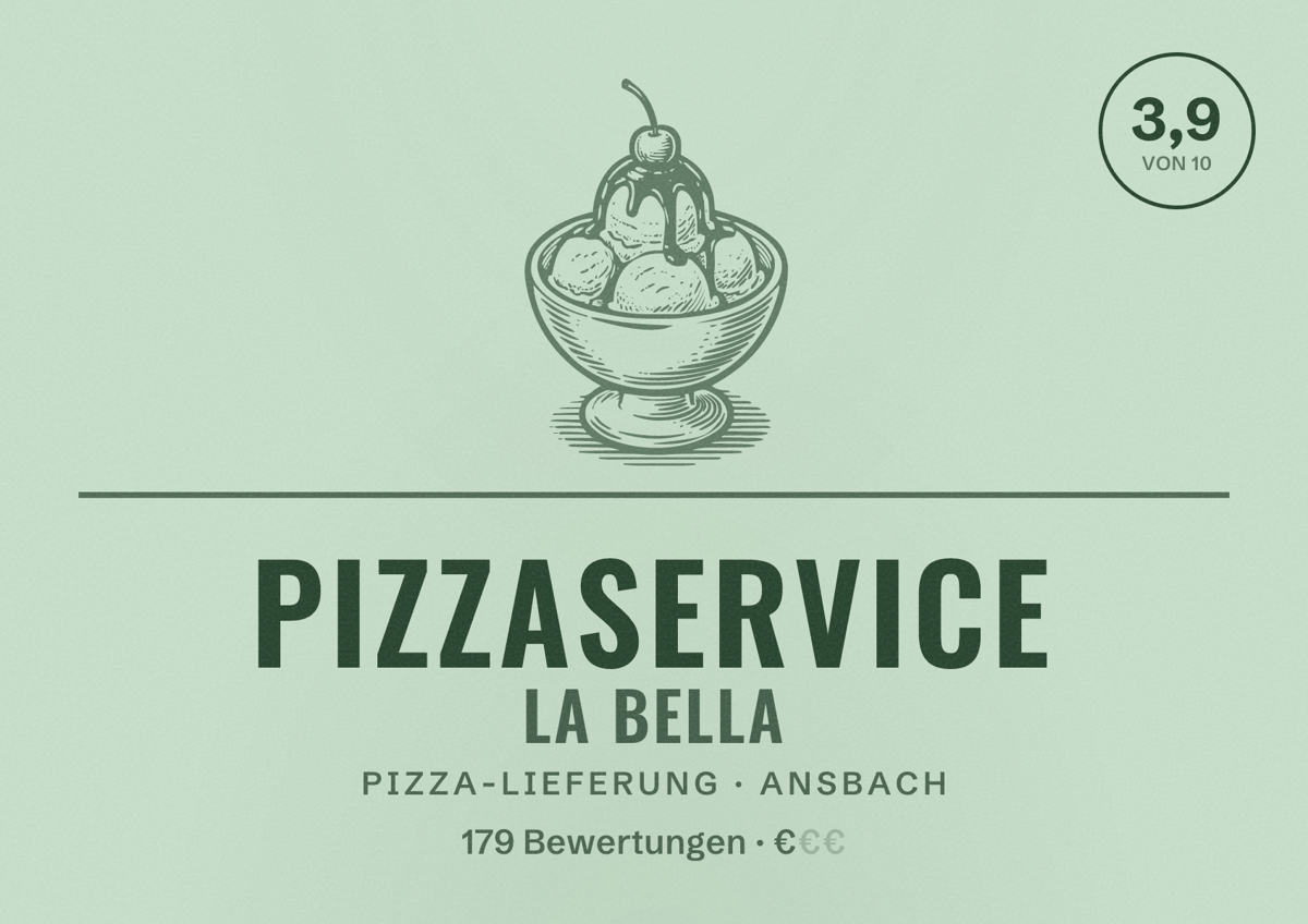 Illustriertes Poster von Pizzaservice La Bella, Pizza-Lieferung in Ansbach: Bewertung 3,9 von 10 aus 179 Bewertungen, Preisniveau €
