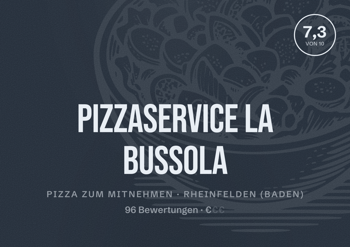 Illustriertes Poster von Pizzaservice La Bussola, Pizza zum Mitnehmen in Rheinfelden (Baden): Bewertung 7,3 von 10 aus 96 Bewertungen, Preisniveau €
